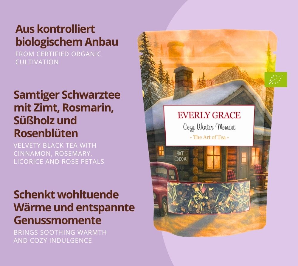 Cozy Winter Moments Tea von Everly Grace – Bio-Schwarztee mit Zimt, Rosmarin & Rosenblüten. Jetzt online kaufen bei Madevegan für winterliche Genussmomente.