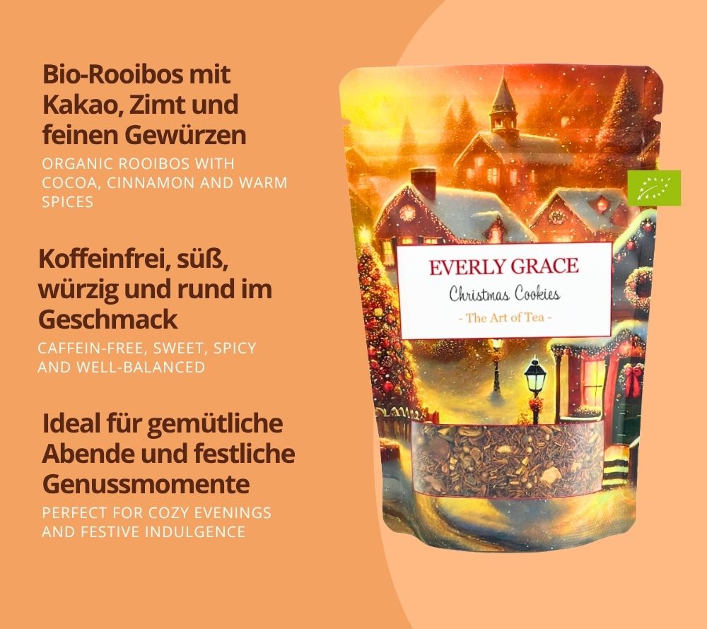 Christmas Cookies Set von Everly Grace – festliches Duo aus Bio-Tee & handgemachtem Popcorn. Aroma von Weihnachtskeksen, koffeinfrei, ohne künstliche Zusätze, ideal als Geschenk.