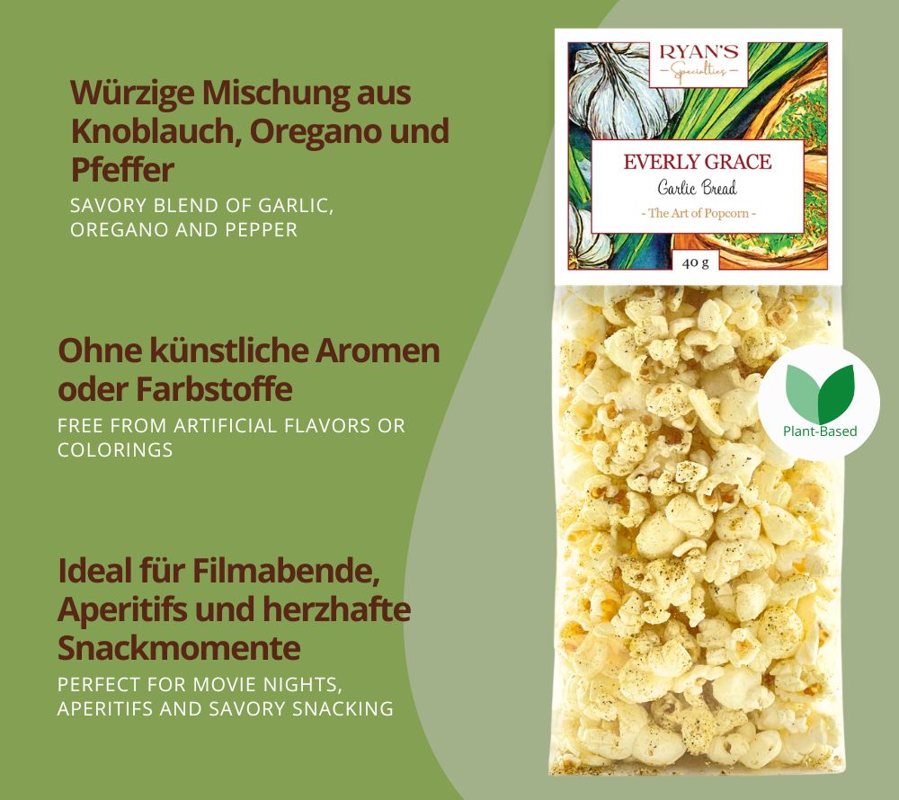 Garlic Bread Popcorn von Everly Grace – würziges Knoblauch-Popcorn, luftgepoppt und handgefertigt. Perfekt für Filmabende und Aperitif.