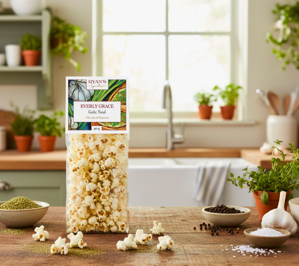Garlic Bread Popcorn von Everly Grace – würziges Knoblauch-Popcorn, luftgepoppt und handgefertigt. Perfekt für Filmabende und Aperitif.