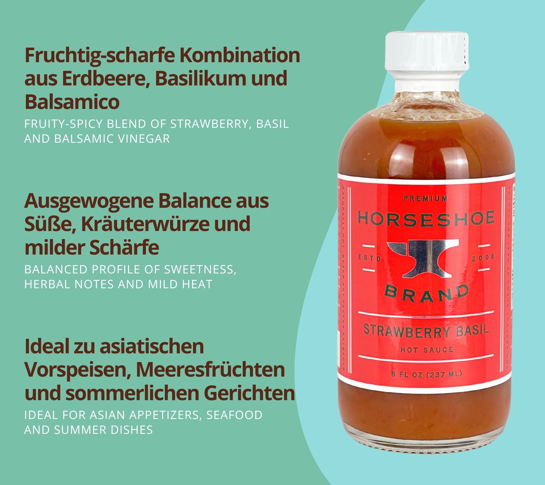 Street Strawberry Basil Hot Sauce von Horseshoe Brand – fruchtig-scharfe, vegane Hot Sauce mit Erdbeere, Basilikum & Balsamico. Perfekt für Sommergerichte, Bowls & Dressings.