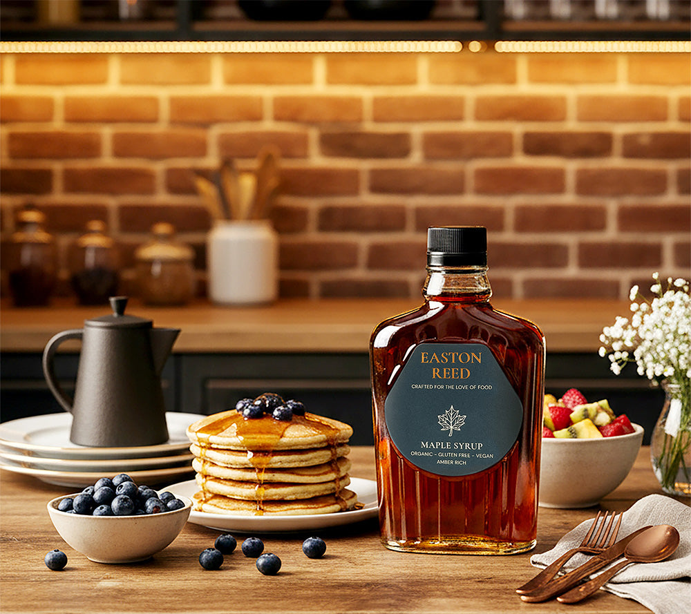 Easton Reed Maple Syrup Grade A Amber Rich – 100 % reiner Ahornsirup aus Québec. Vegan, glutenfrei, nachhaltig & ohne Zusätze. Perfekt für süße & herzhafte Gerichte.
