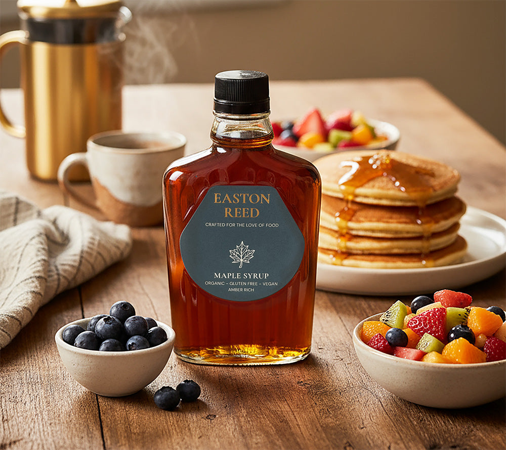 Easton Reed Maple Syrup Grade A Amber Rich – 100 % reiner Ahornsirup aus Québec. Vegan, glutenfrei, nachhaltig & ohne Zusätze. Perfekt für süße & herzhafte Gerichte.