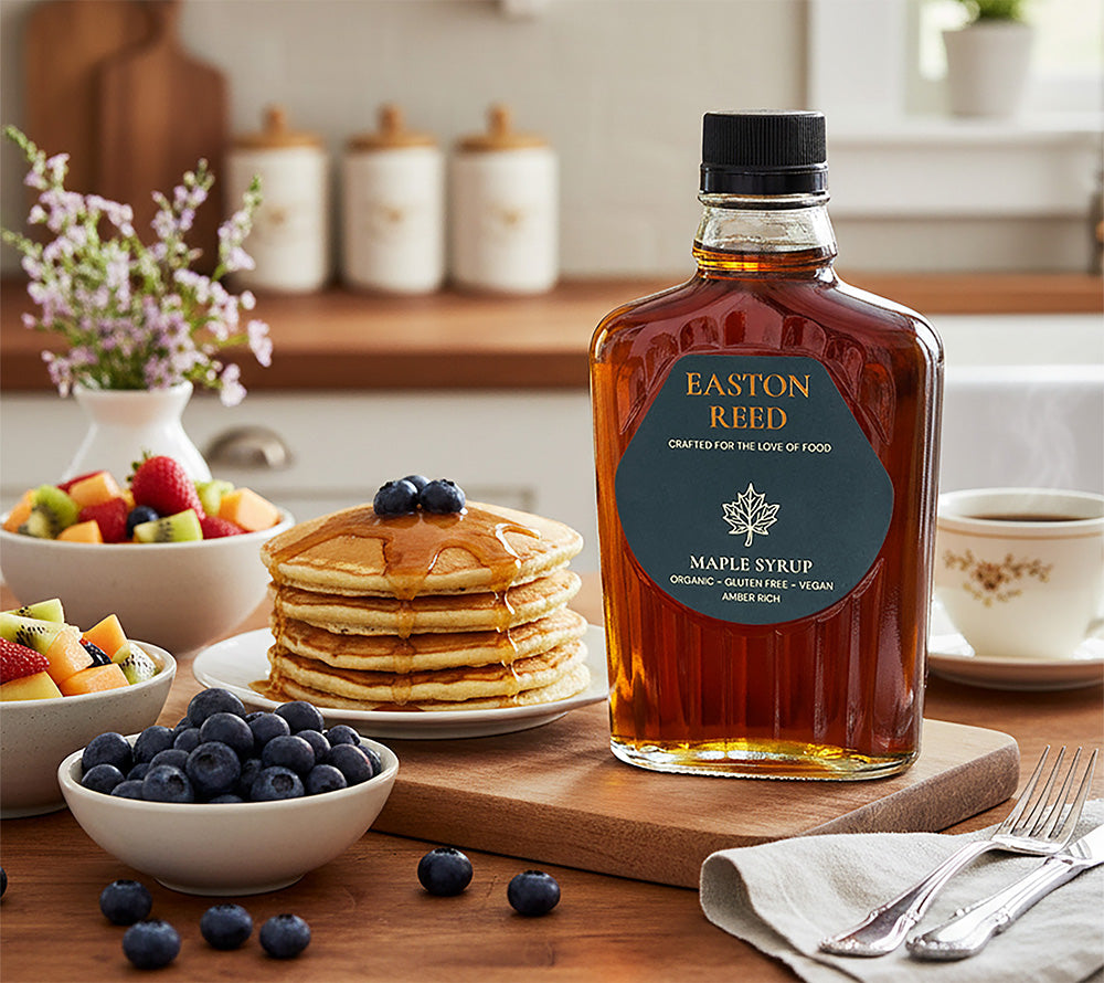 Easton Reed Maple Syrup Grade A Amber Rich – 100 % reiner Ahornsirup aus Québec. Vegan, glutenfrei, nachhaltig & ohne Zusätze. Perfekt für süße & herzhafte Gerichte.