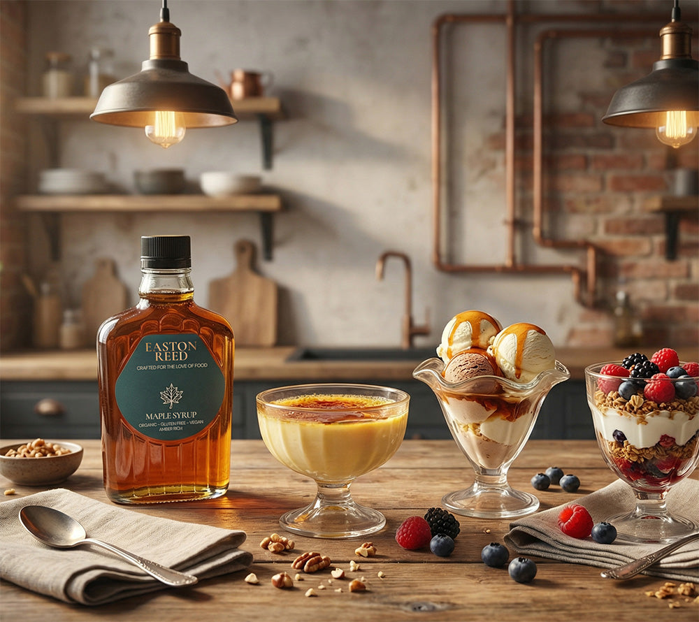 Easton Reed Maple Syrup Grade A Amber Rich – 100 % reiner Ahornsirup aus Québec. Vegan, glutenfrei, nachhaltig & ohne Zusätze. Perfekt für süße & herzhafte Gerichte.