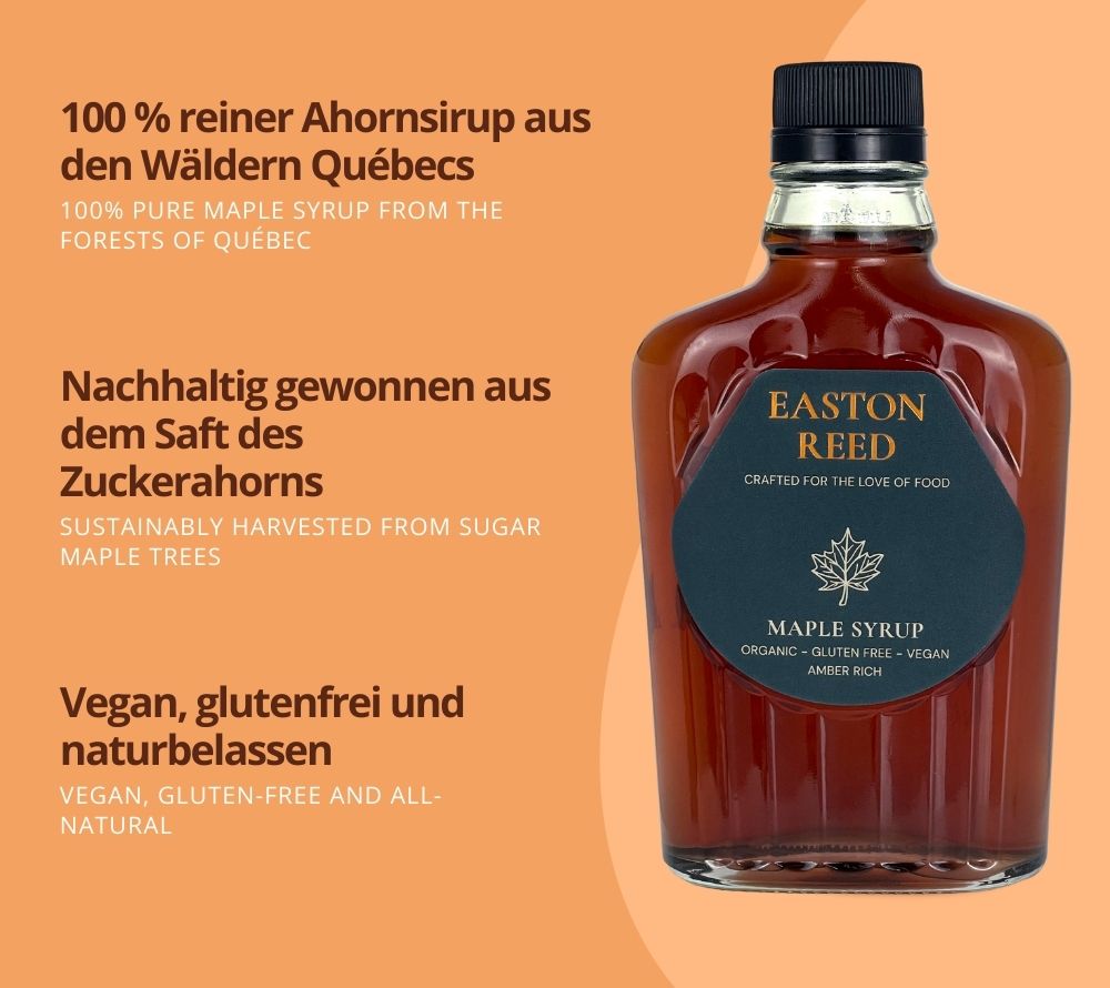Easton Reed Maple Syrup Grade A Amber Rich – 100 % reiner Ahornsirup aus Québec. Vegan, glutenfrei, nachhaltig & ohne Zusätze. Perfekt für süße & herzhafte Gerichte.