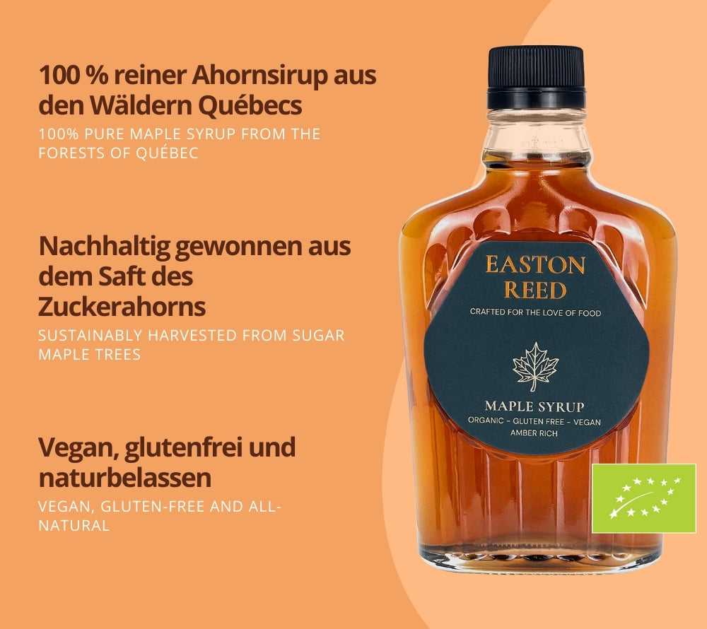 Easton Reed Maple Syrup Grade A Amber Rich – 100 % reiner Ahornsirup aus Québec. Vegan, glutenfrei, nachhaltig & ohne Zusätze. Perfekt für süße & herzhafte Gerichte.