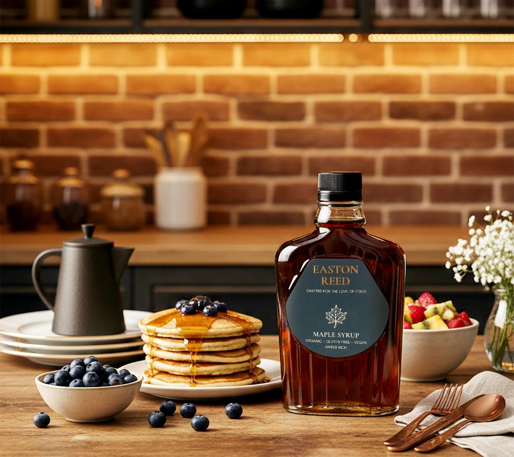 Easton Reed Maple Syrup Grade A Amber Rich – 100 % reiner Ahornsirup aus Québec. Vegan, glutenfrei, nachhaltig & ohne Zusätze. Perfekt für süße & herzhafte Gerichte.