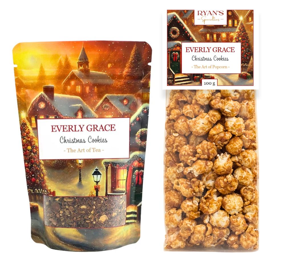Christmas Cookies Set von Everly Grace – festliches Duo aus Bio-Tee & handgemachtem Popcorn. Aroma von Weihnachtskeksen, koffeinfrei, ohne künstliche Zusätze, ideal als Geschenk.
