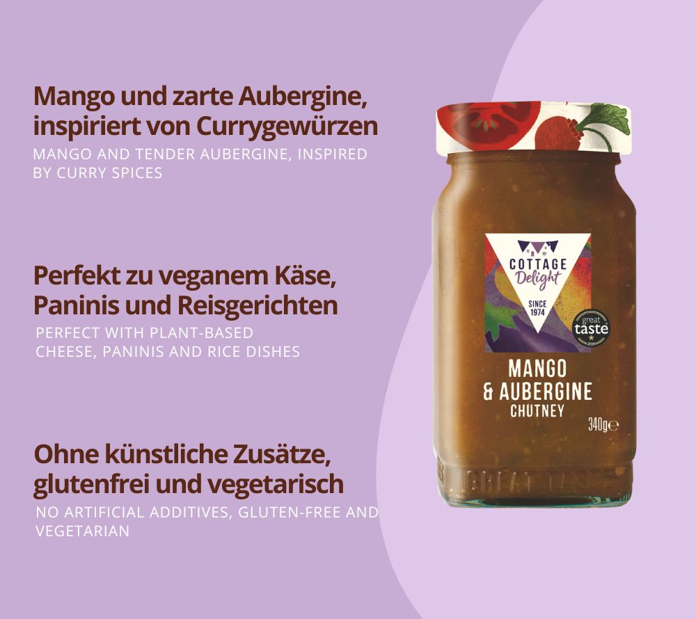 Mango & Aubergine Chutney – fruchtig-würziges, veganes Chutney für Sandwiches, Reis & Bowls. Glutenfrei, ohne Zusatzstoffe, ausgezeichnet mit Great Taste Award 2024.