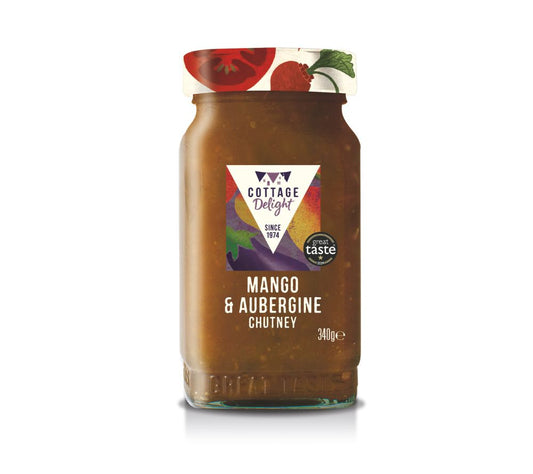 Mango & Aubergine Chutney – fruchtig-würziges, veganes Chutney für Sandwiches, Reis & Bowls. Glutenfrei, ohne Zusatzstoffe, ausgezeichnet mit Great Taste Award 2024.