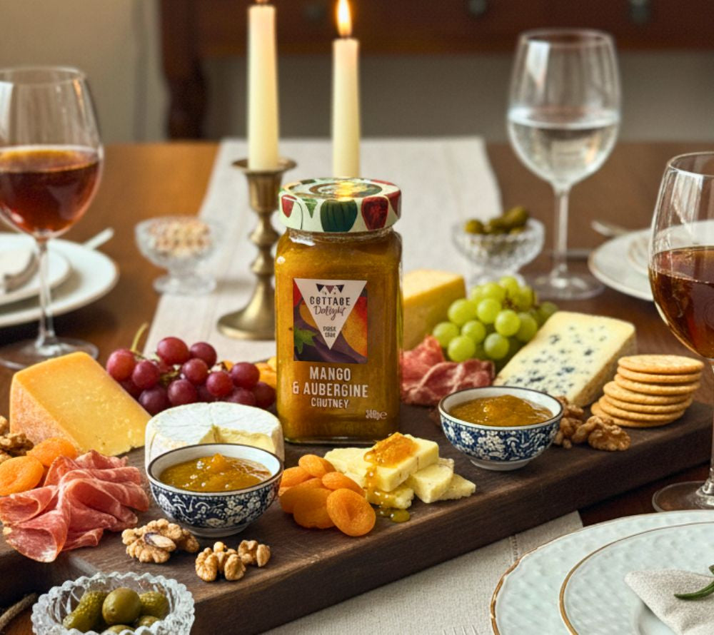 Mango & Aubergine Chutney – fruchtig-würziges, veganes Chutney für Sandwiches, Reis & Bowls. Glutenfrei, ohne Zusatzstoffe, ausgezeichnet mit Great Taste Award 2024.