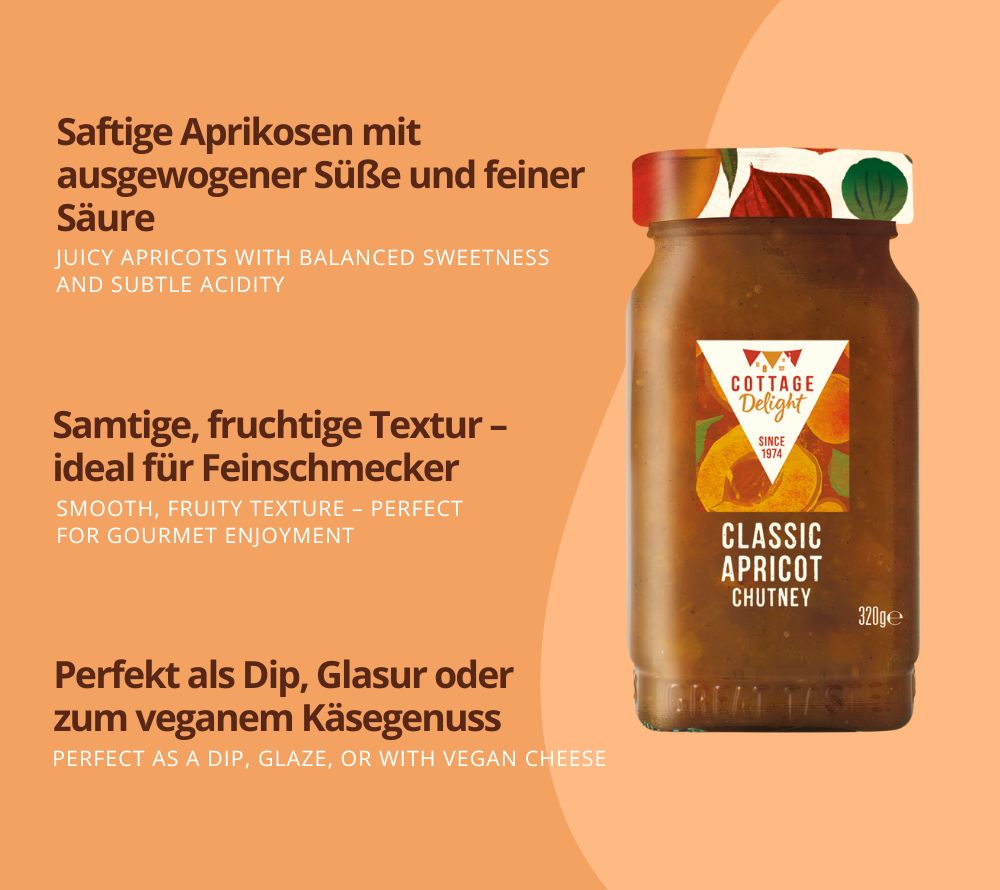Classic Apricot Chutney – fruchtig-süßes, veganes Chutney aus Aprikosen. Glutenfrei, ohne künstliche Zusätze, ideal für Sandwiches, Bowls & Dips.