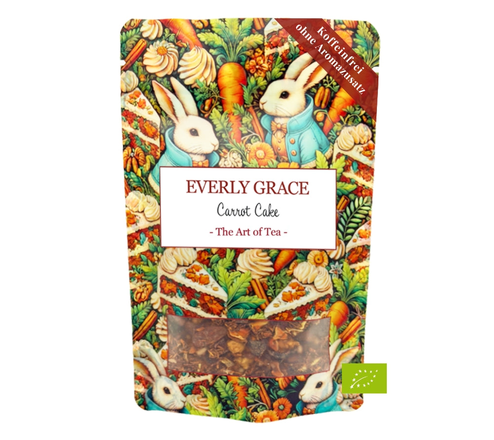 Everly Grace Carrot Cake Tea – Bio-Rooibos mit Karotte & Apfel. Samtig-weich, aromatisch & perfekt für frische Frühlingsgenüsse.