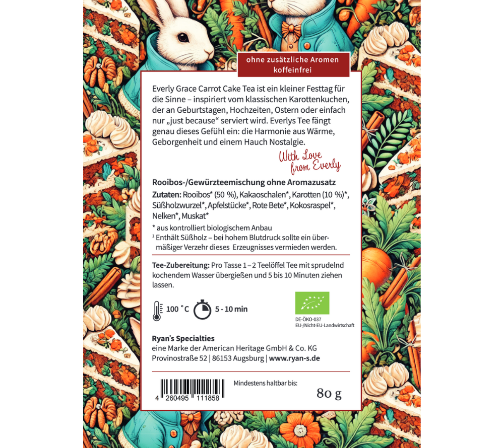 Everly Grace Carrot Cake Tea – Bio-Rooibos mit Karotte & Apfel. Samtig-weich, aromatisch & perfekt für frische Frühlingsgenüsse.