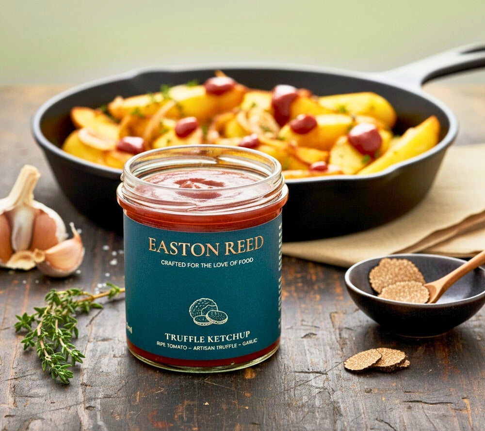 Entdecke Easton Reed Truffle Ketchup: fruchtige Tomaten treffen auf edlen Trüffel und milde Gewürze – aromatisch, luxuriös und perfekt für Burger, Pommes oder besondere Genussmomente