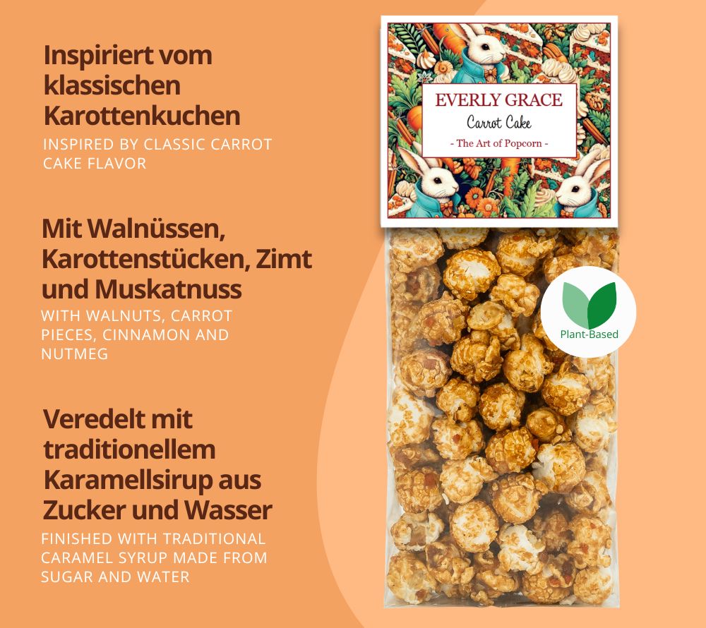 Everly Grace Carrot Cake Popcorn – luftgepopptes Gourmet-Popcorn mit Walnüssen, Karotten, Zimt & Muskat. Handgemacht, knusprig & perfekt zum Snacken!