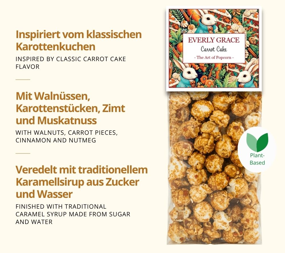 Carrot Cake Popcorn mit Walnüssen, Karottenstücken, Zimt und Muskatnuss. Inspiriert vom klassischen Karottenkuchen