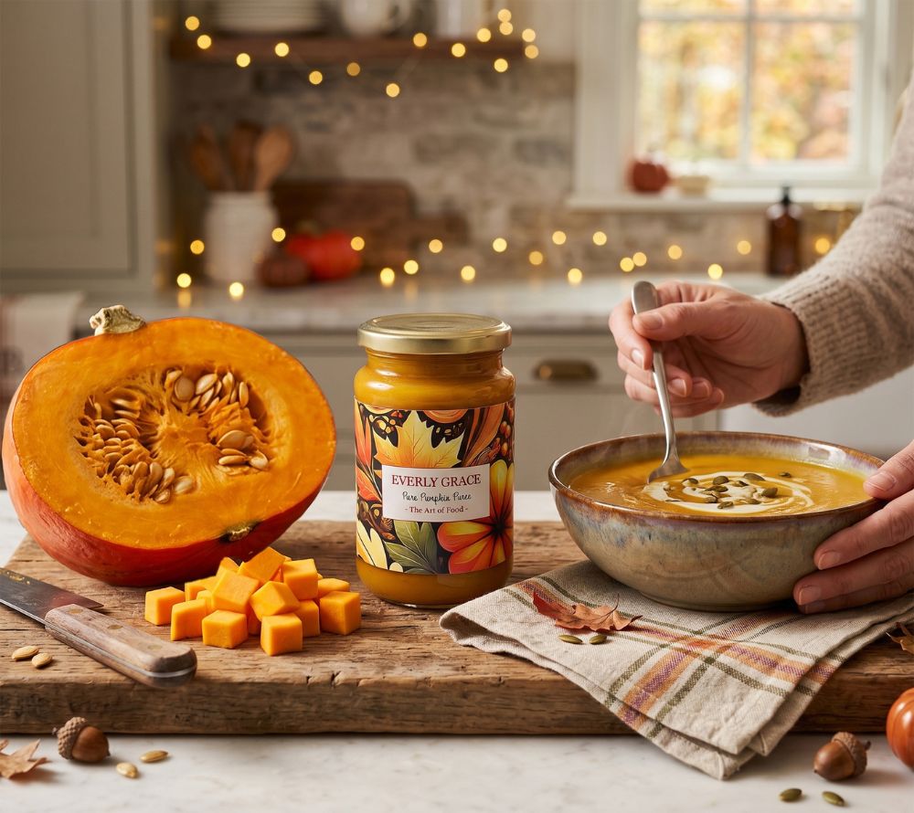 Pure Pumpkin Puree von Everly Grace kaufen – cremiges Bio-Kürbispüree für Pumpkin Pie, Suppen, Pancakes und herbstliche Rezepte. Sofort einsatzbereit & vielseitig verwendbar.