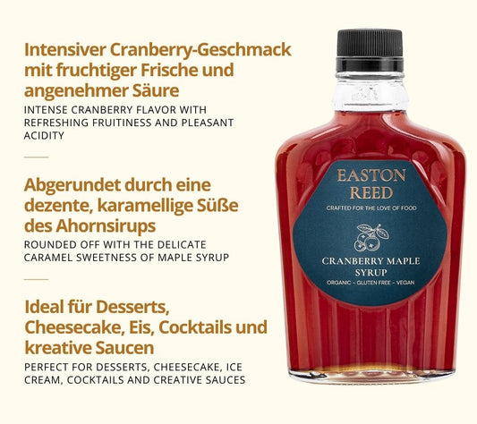 Cranberry Syrup mit fruchtiger Frische und angenehmer Säure, abgerundet durch eine dezente, karamellige Süße des Ahornsirups