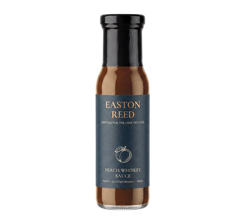 Peach Whiskey Sauce von Easton Reed kaufen – fruchtig-würzige Gourmet-Sauce mit Pfirsich, Scotch Whisky, Zwiebeln & Knoblauch. 
