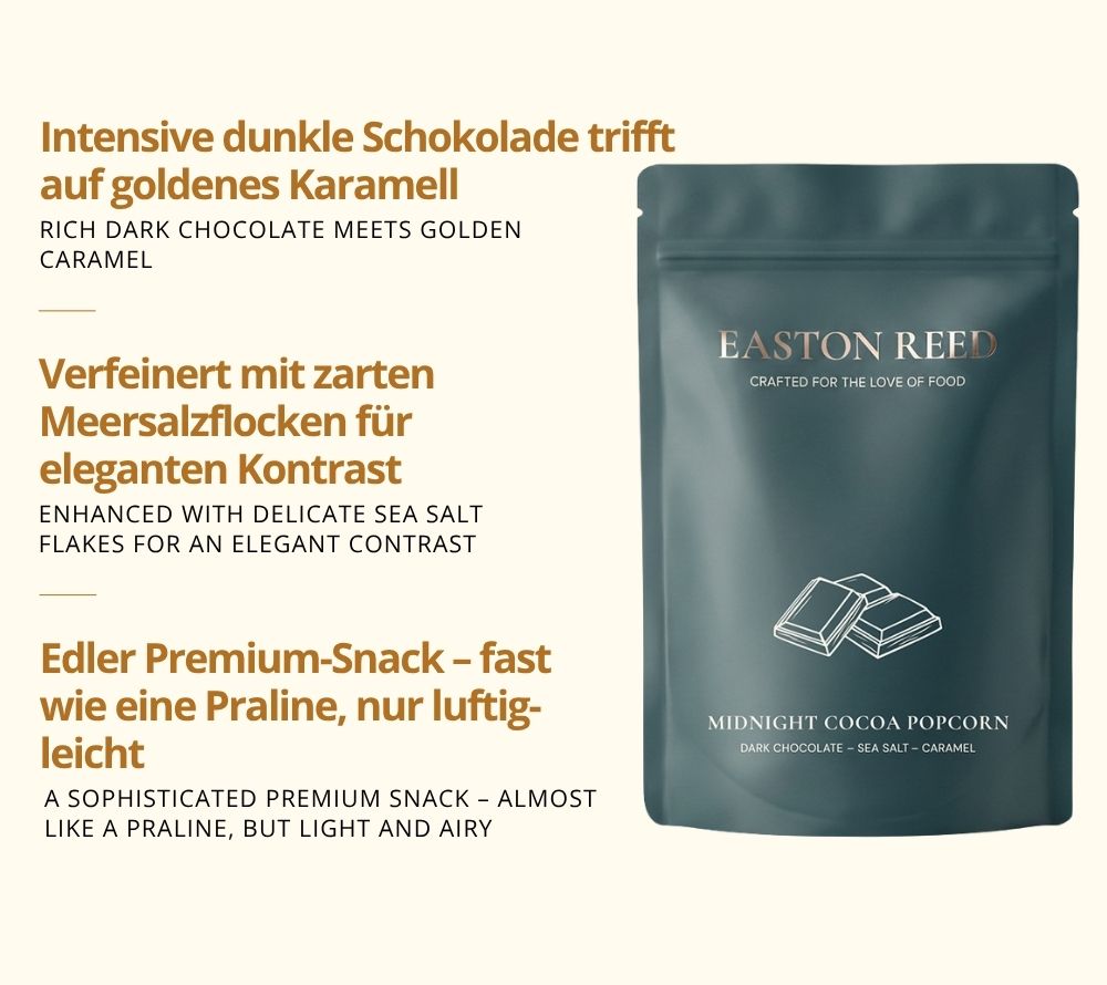 Midnight Cocoa Gourmet Popcorn von Easton Reed mit dunkler Schokolade, Karamell & Meersalz