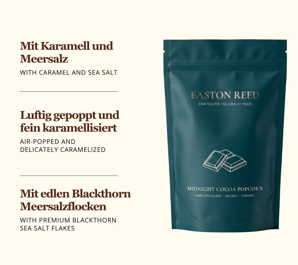 Midnight Cocoa Gourmet Popcorn von Easton Reed kaufen – Popcorn mit dunkler Schokolade, Karamell & Meersalz. Jetzt bei Madevegan entdecken