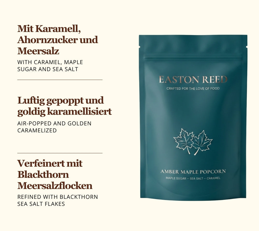 Amber Maple Gourmet Popcorn kaufen – knuspriges Popcorn mit Ahornzucker, Karamell & Meersalz. Handveredelt, ohne künstliche Zusätze - jetzt kaufen