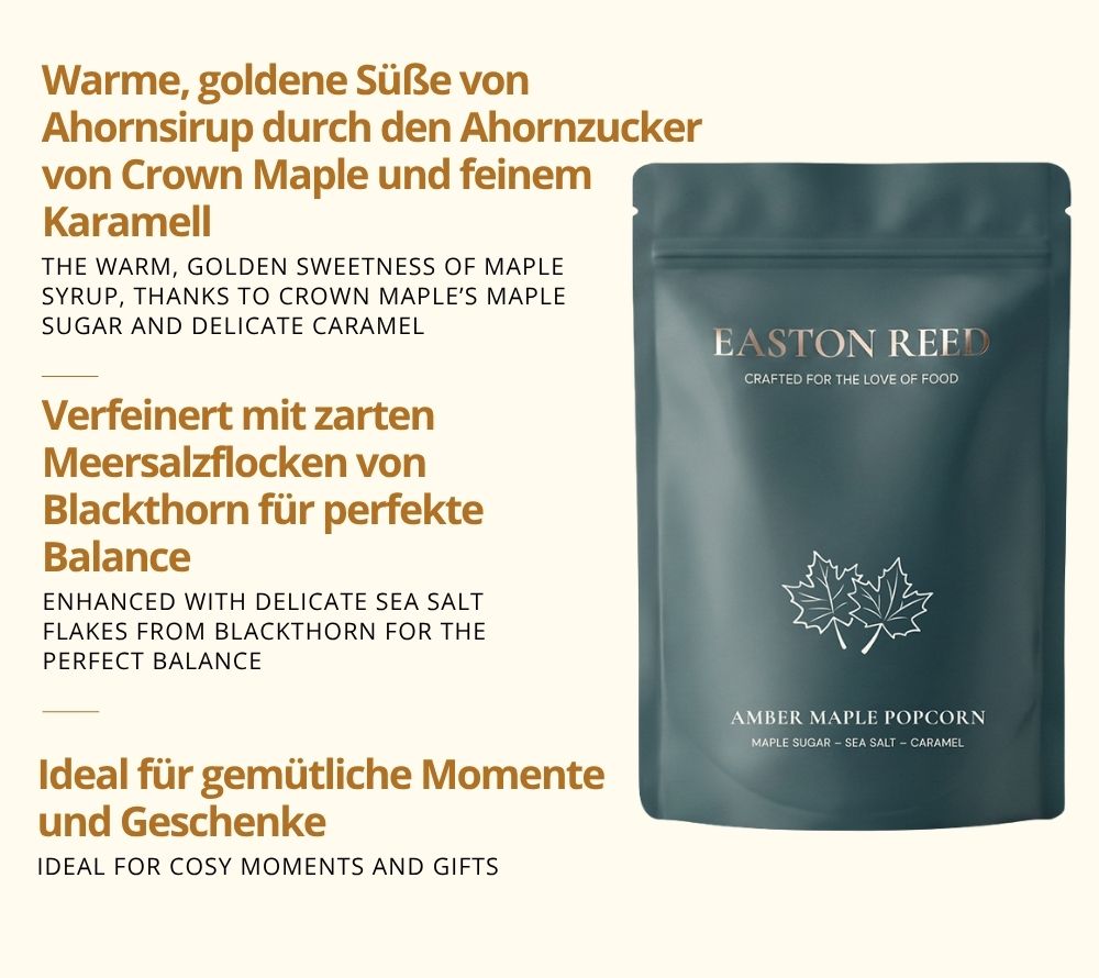 Amber Maple Gourmet Popcorn mit Ahornzucker, Karamell & Meersalz. Handveredelt, ohne künstliche Zusätze