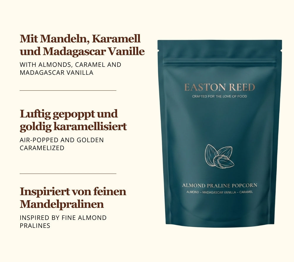 Almond Praline Gourmet Popcorn von Easton Reed kaufen – knuspriges Popcorn mit Mandeln, Karamell & Madagascar Vanille. Jetzt bei Madevegan entdecken!