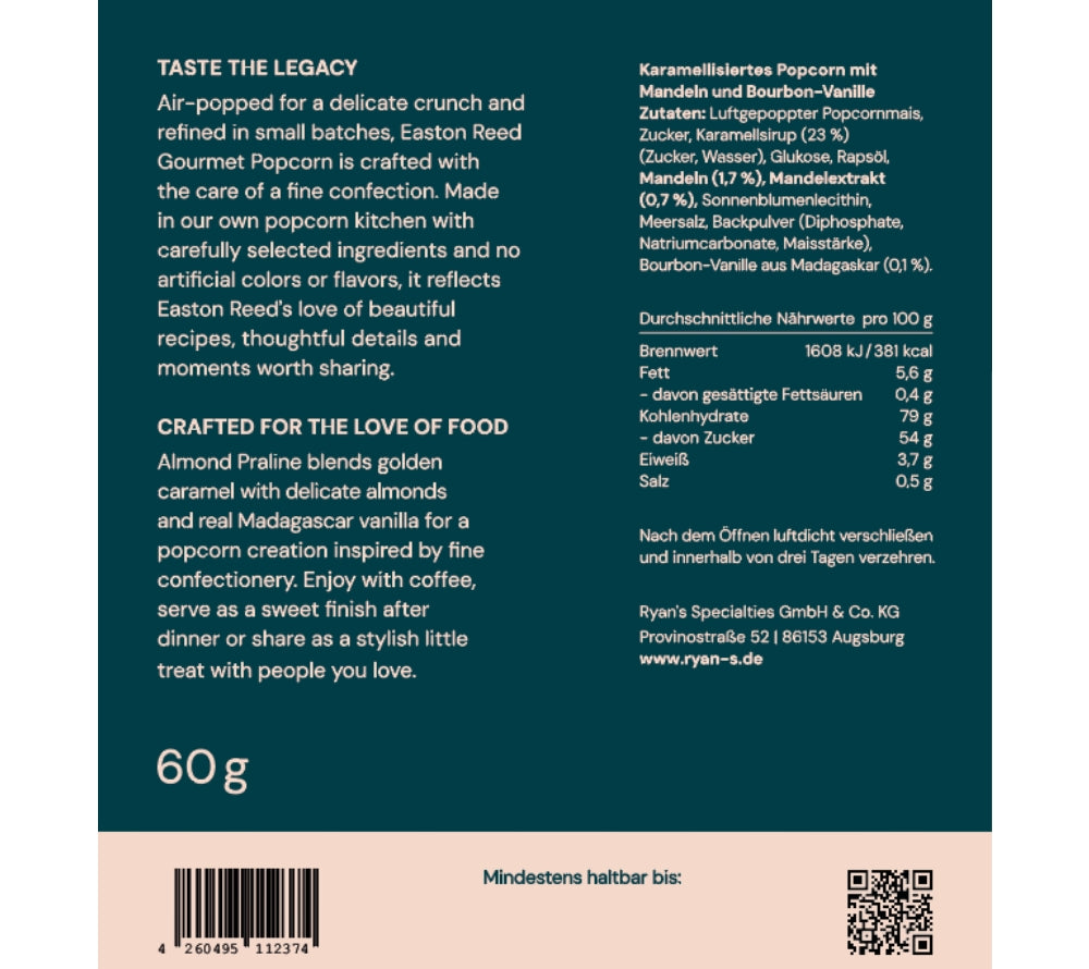Almond Praline Gourmet Popcorn von Easton Reed kaufen – knuspriges Popcorn mit Mandeln, Karamell & Madagascar Vanille. Jetzt bei Madevegan entdecken!
