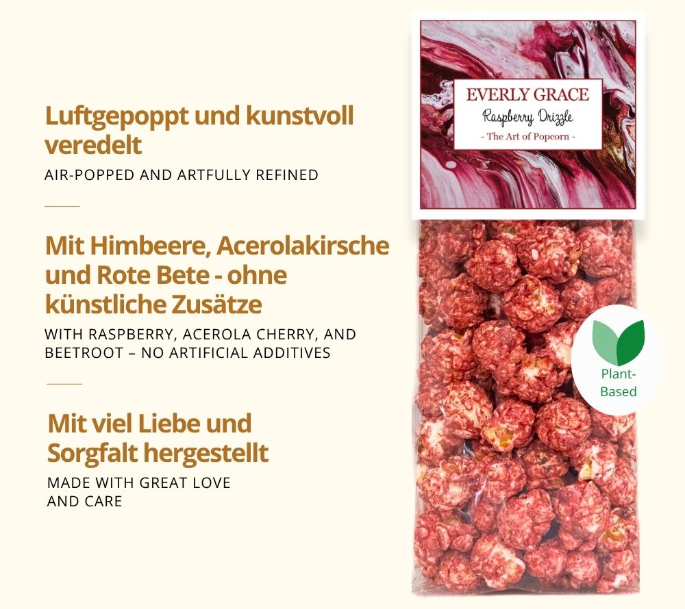 Feines Gourmet-Popcorn Raspberry Drizzle von Everly Grace mit fruchtigem Himbeer-Überzug