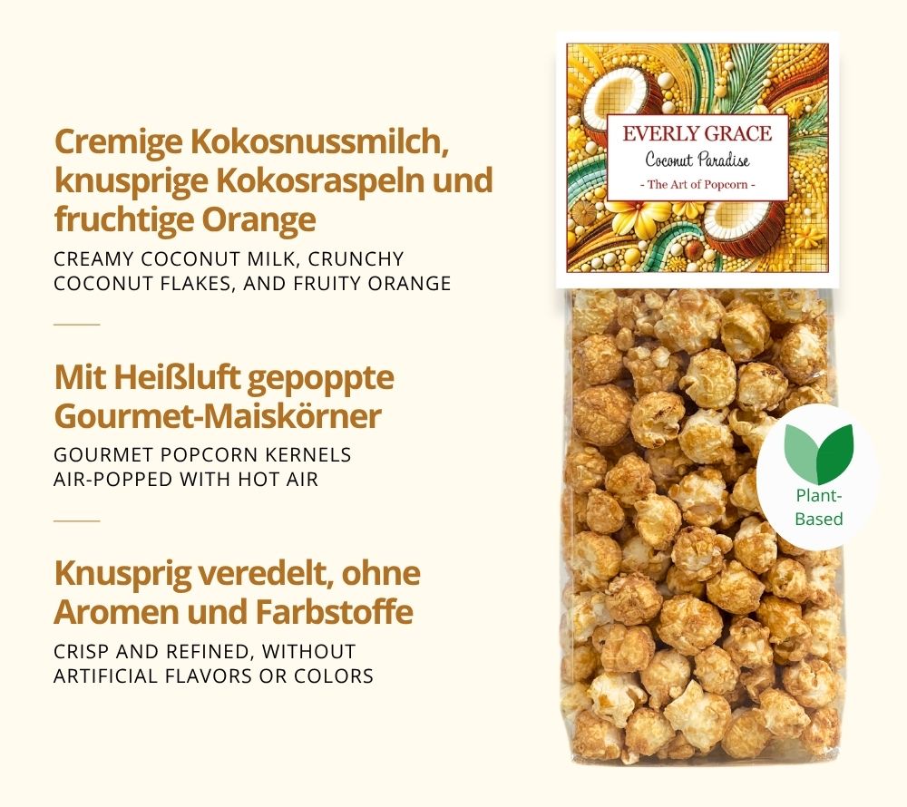 Feines Gourmet-Popcorn Coconut Paradise von Everly Grace mit tropischem Kokos-Überzug