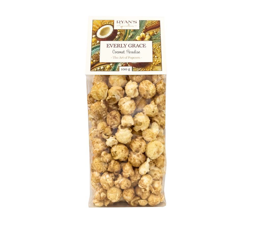 Feines Gourmet-Popcorn Coconut Paradise von Everly Grace ☆ tropischer Kokos-Überzug ☆ hohe Qualität ☆ 100 % vegan ☆ Jetzt probieren!