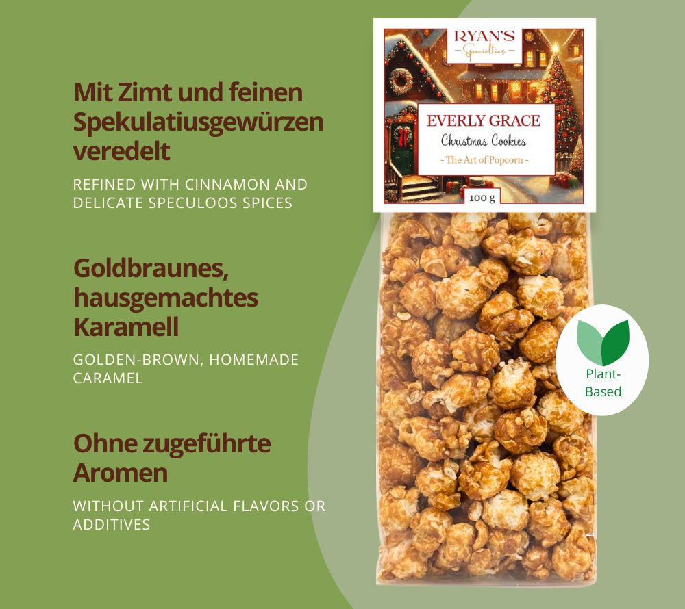 Christmas Cookies Set von Everly Grace – festliches Duo aus Bio-Tee & handgemachtem Popcorn. Aroma von Weihnachtskeksen, koffeinfrei, ohne künstliche Zusätze, ideal als Geschenk.