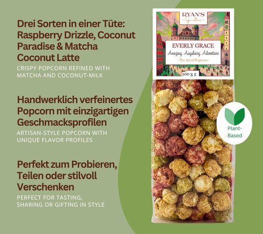 Drei handveredelte Popcorn-Sorten in einer Tüte. Knusprig, vegan & perfekt zum Probieren, Teilen oder Verschenken. Jetzt bei MadeVegan entdecken!