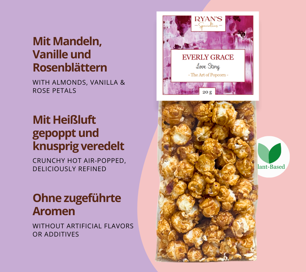 Feines Gourmet-Popcorn Love Story von Everly Grace ☆ Unwiderstehliches Popcorn mit Rosenblättern und Mandel-Karamellüberzug ☆ hohe Qualität ☆ 100 % vegan ☆ Jetzt probieren!