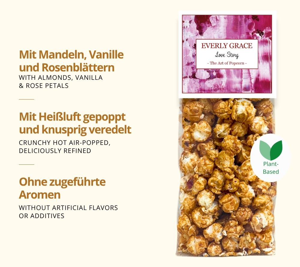 Feines Gourmet-Popcorn Love Story von Everly Grace mit Rosenblättern und Mandel-Karamellüberzug