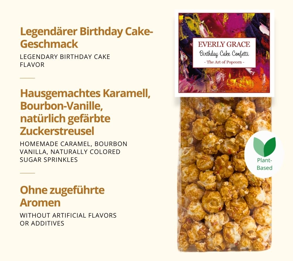 Birthday Cake Popcorn von Everly Grace. Veganes Popcorn aus rein pflanzlichen Zutaten mit Zuckerstreuseln 