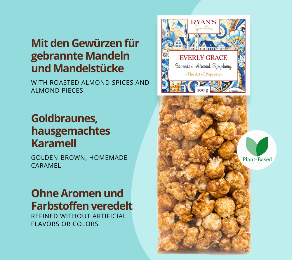 Popcorn Bavarian Almond Symphony von Everly Grace | pflanzliche Zutaten | handgefertigt | bringt bayrisches Volksfest-Flair in Deine Küche