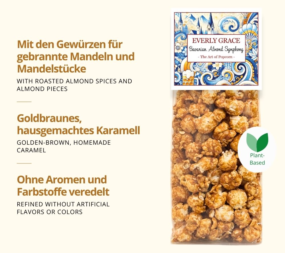 Popcorn Bavarian Almond Symphony von Everly Grace mit Gewürzen für gebrannte Mandeln und Mandelstücke