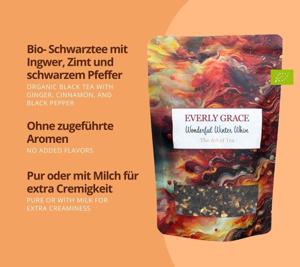 Everly Grace Tea Winter Set – drei exklusive Bio-Tees für winterliche Genussmomente. Schwarztee, Rooibos & fruchtig-würzige Kräutermischungen, perfekt für Zuhause oder als Geschenk.
