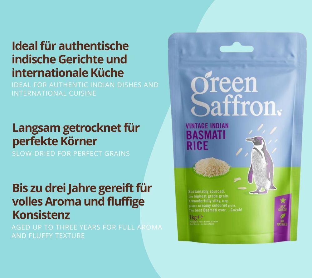 Vintage Pure Basmati Reis von Green Saffron bestellen | 100 % reiner Basmati | aus traditionellem Anbau | Für Indische Klassiker, Bowls & Internationale Gerichte | EU-weiter Versand | jetzt bestellen!