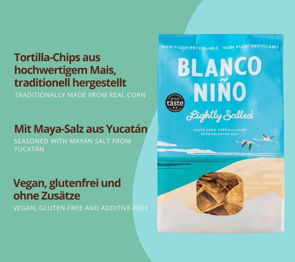 Tortilla Chips Lightly Salted Chips von Blanco Niño entdecken | 100 % vegan & glutenfrei | nach aztekischer Methode hergestellt | EU-weiter Versand