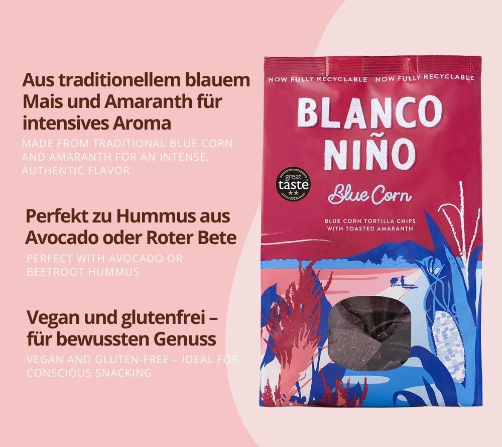 Blue Corn Tortilla Chips von Blanco Niño entdecken | 100 % vegan & glutenfrei | nach aztekischer Methode hergestellt | EU-weiter Versand