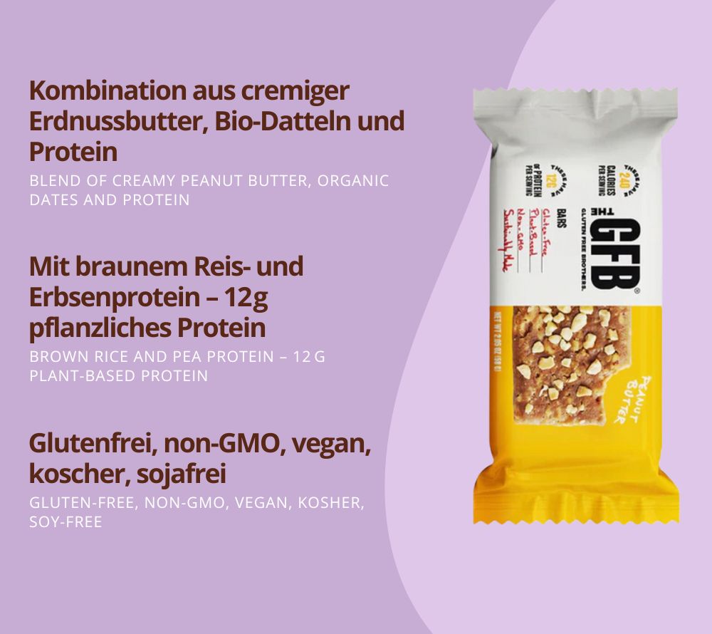 Peanut Butter Bar von The Gluten Free Brothers – vegan, glutenfrei & proteinreich. Cremig-nussiger Riegel aus natürlichen Zutaten. Jetzt probieren bei Madevegan.