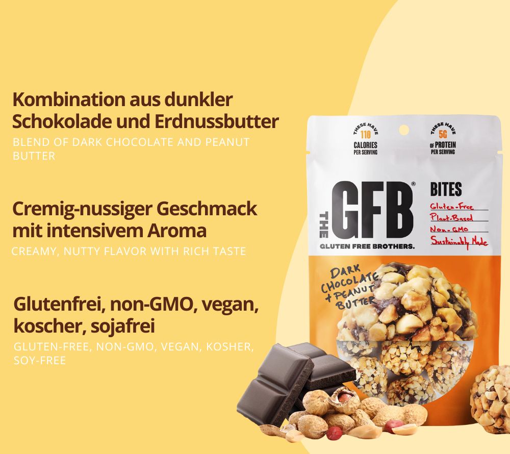 Dark Chocolate Peanut Butter Bites – veganer Protein-Snack mit Schokolade & Erdnussbutter. Glutenfrei & non-GMO. Jetzt entdecken bei Madevegan.