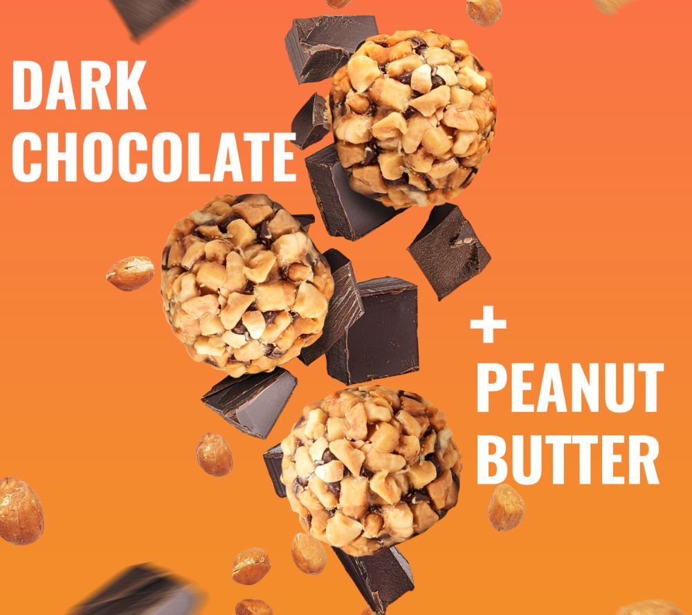 Dark Chocolate Peanut Butter Bites – veganer Protein-Snack mit Schokolade & Erdnussbutter. Glutenfrei & non-GMO. Jetzt entdecken bei Madevegan.