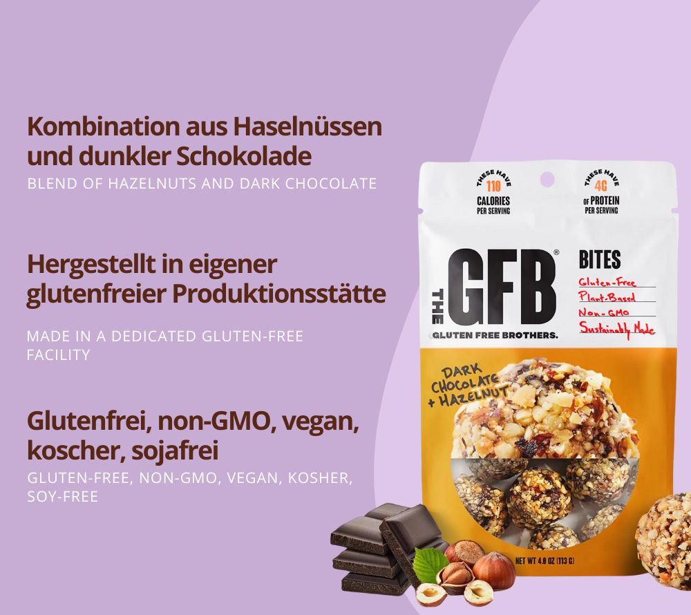 Dark Chocolate Hazelnut Bites – veganer Snack mit Haselnuss & dunkler Schokolade. Glutenfrei & proteinreich. Jetzt online bestellen bei Madevegan.