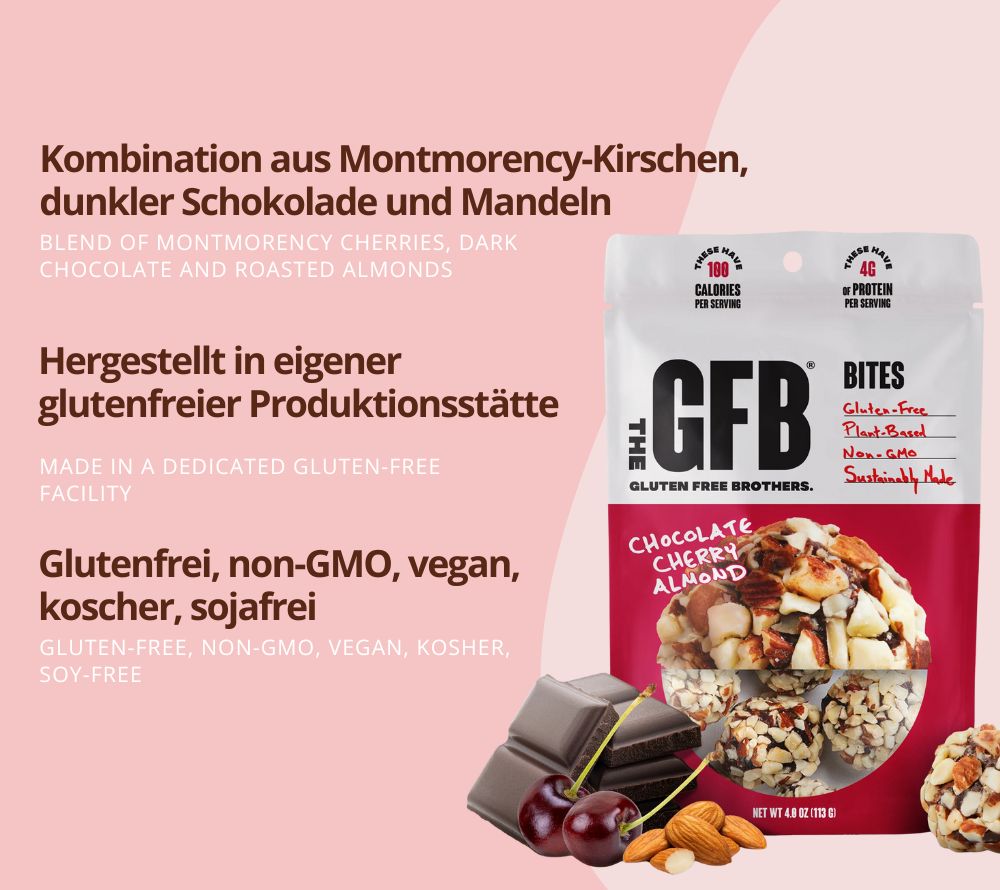 Chocolate Cherry Almond Bites – vegan, glutenfrei & proteinreich. Mit Kirschen, Mandeln & Zartbitterschokolade. Jetzt kaufen bei Madevegan.